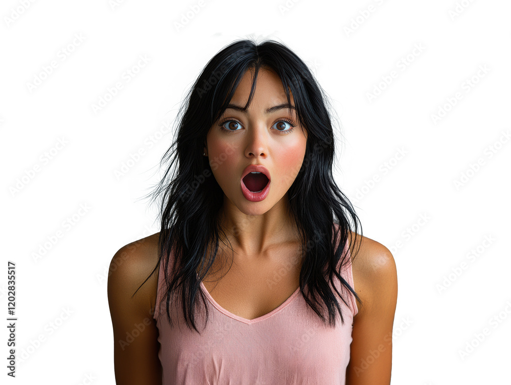 A highly realistic portrait of a woman with long straight black hair, pink shirt, showcasing a of facial expressions such as surprised A highly realistic portrait of a woman with long straight black hair, pink shirt, showcasing a of facial expressions such as surprised