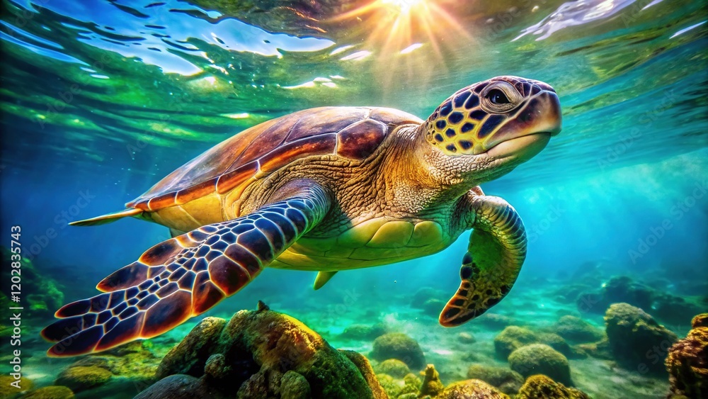 Obraz premium Underwater Green Sea Turtle, Aquatic Nature, Ocean Wildlife
