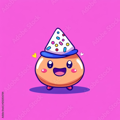 A cute, cartoonish dessert character with a cheerful face, wearing a colorful party hat adorned with sprinkles, set against a vibrant pink background. photo