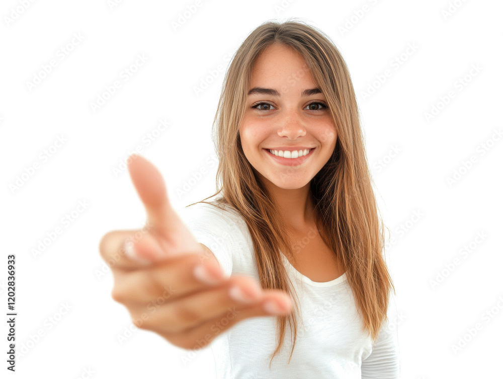 Portrait of a happy young woman with long hair, isolated on a white background. She is smiling while looking at camera and riseup her hand Portrait of a happy young woman with long hair, isolated on a white background. She is smiling while looking at camera and riseup her hand