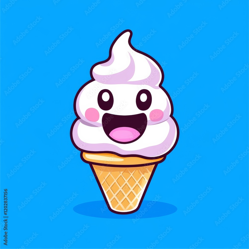 A cute ice cream cone character with a smiling face, set against a bright blue background, exuding joy and sweetness. A cute ice cream cone character with a smiling face, set against a bright blue background, exuding joy and sweetness.