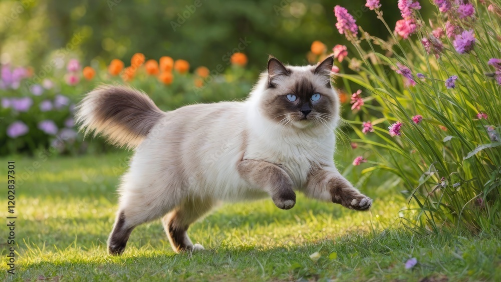 Chocolate point ragdoll cat in flower field