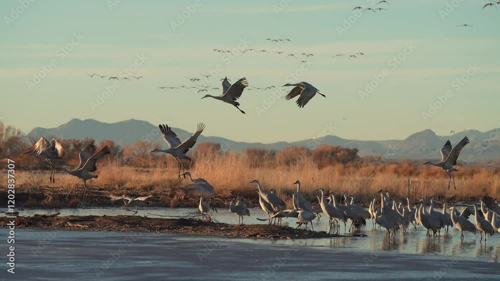Sandhill cranes take off and fly together with beautiful sunrise light