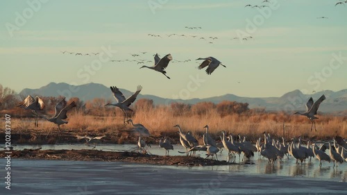 Sandhill cranes take off and fly together with beautiful sunrise light