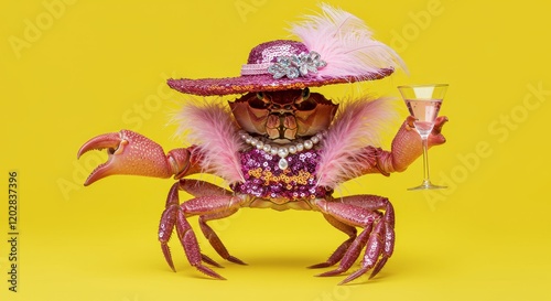 Glamorous crab in sequins and feathered hat holding a cocktail on yellow background