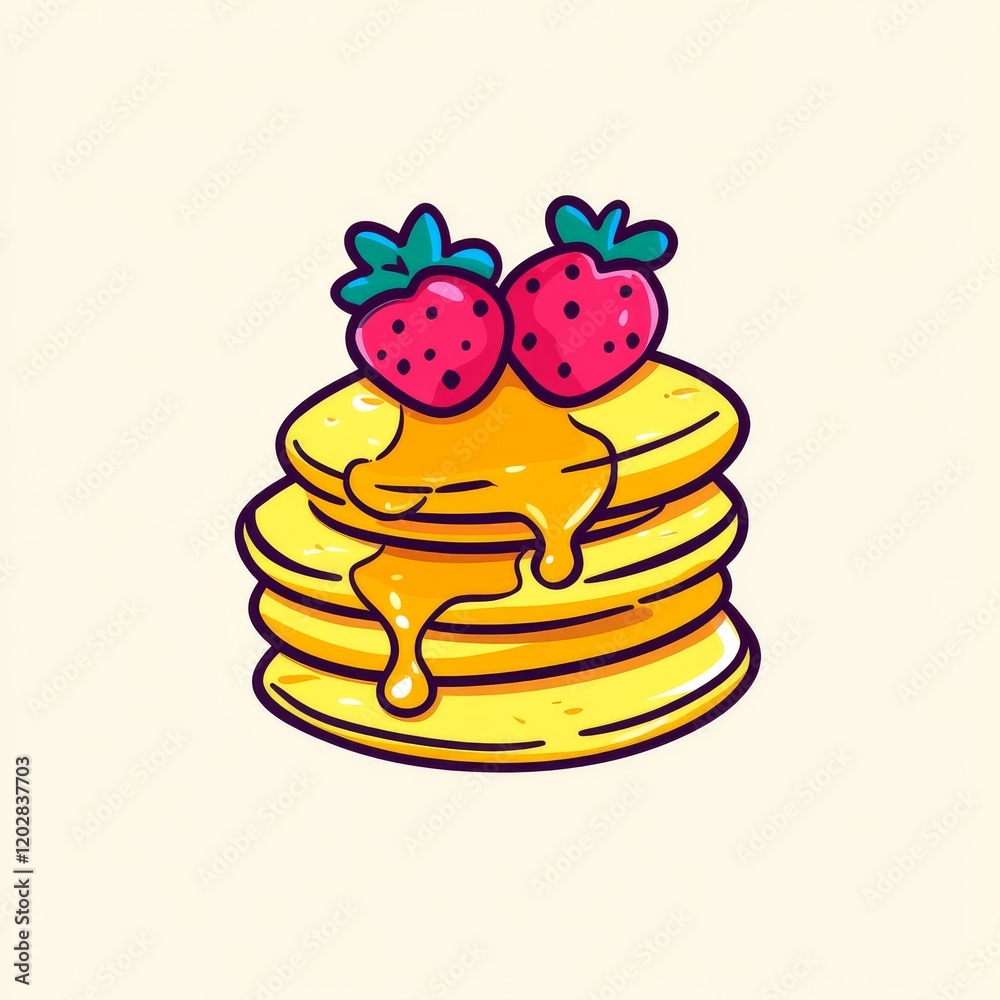 A stack of fluffy pancakes topped with strawberries and dripping syrup, creating a delicious and colorful breakfast treat. A stack of fluffy pancakes topped with strawberries and dripping syrup, creating a delicious and colorful breakfast treat.