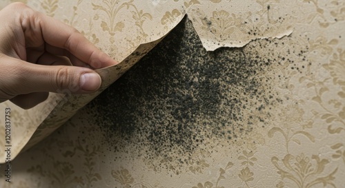 Person removing wallpaper to reveal hidden mold in home interior for awareness