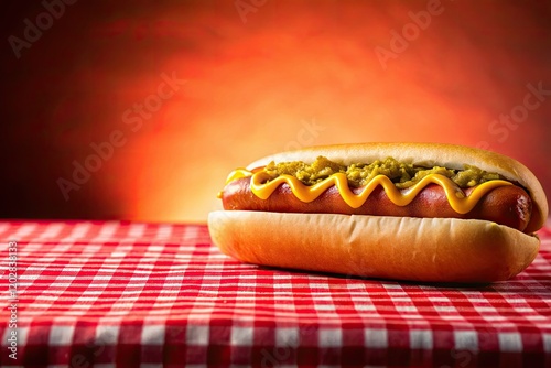 Savory silhouette: hot dog, mustard, and gingham.  Perfect website header banner. photo