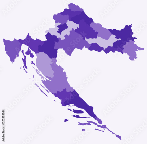 Map of Croatia with regions. Just a simple country border map with region division. Deep purple color palette. Flat Croatia shape with administrative division. Vector illustration.