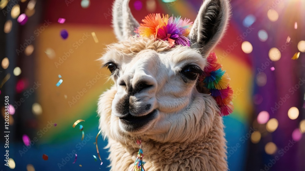 Obraz premium A cheerful llama adorned with a colorful flower crown amidst confetti and a vibrant backdrop.