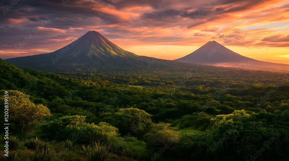 Fototapeta premium Sunset Volcanoes and Lush Tropical Rainforest Landscape