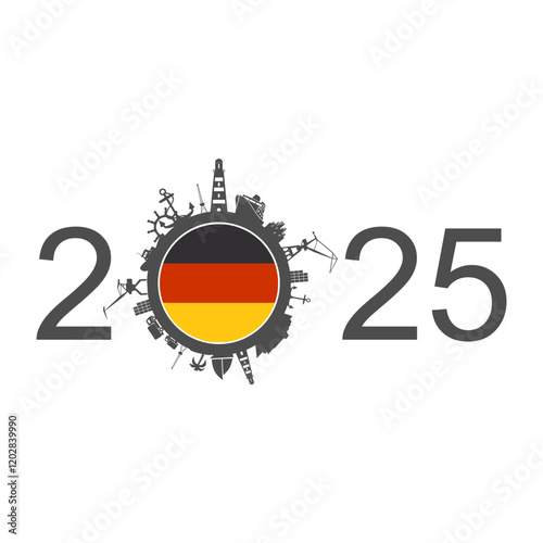 2025 year number with sea shipping and travel relative silhouettes. Objects located around zero digit. Industrial design background. Flag of Germany