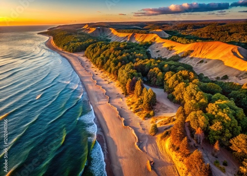 Stunning drone footage captures Illinois Beach State Park's Lake Michigan shoreline, dramatic dunes, and lush forests. photo