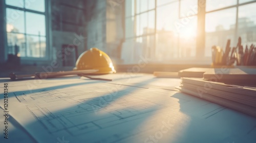Construction workspace with blueprints, a hard hat, and sunlight.