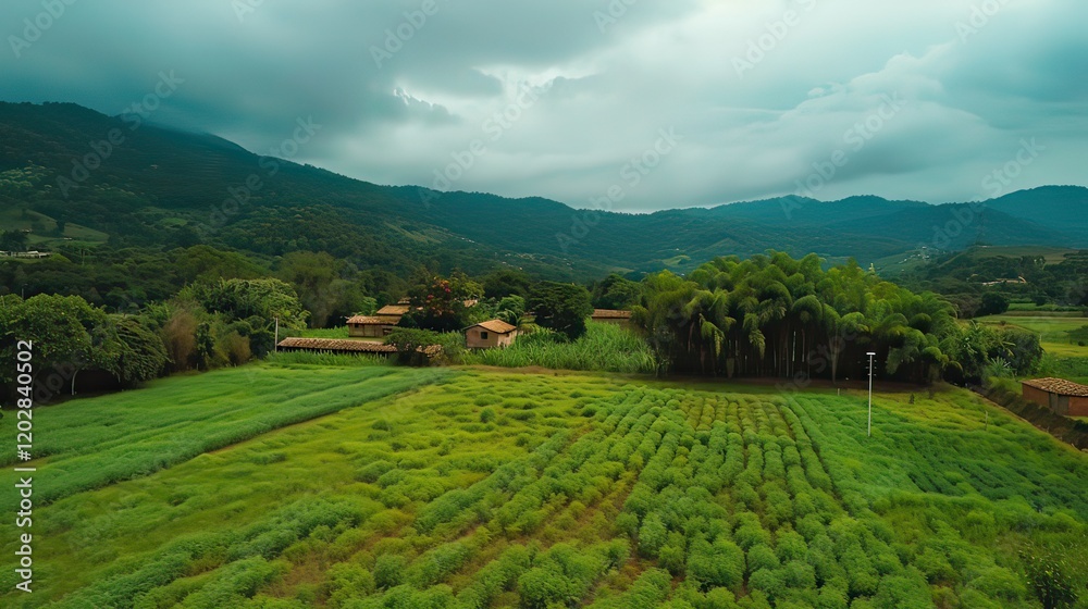 Fototapeta premium A lush green agricultural field in rural Brazil with overcast skies.