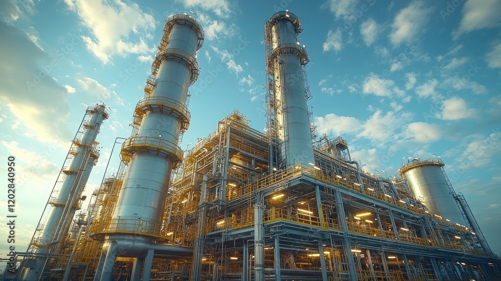 Fototapeta premium A large industrial facility with tall towers and pipes under a blue sky.