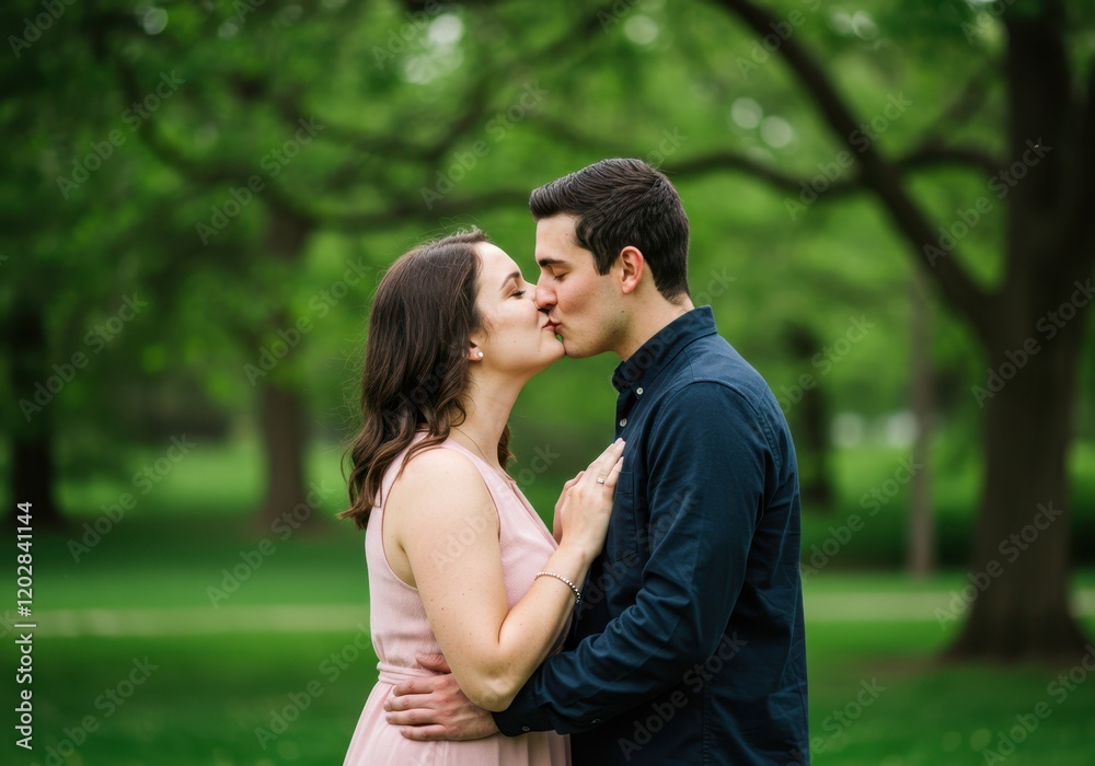 Romantic couple kissing in a lush green park setting underneath vibrant trees Romantic couple kissing in a lush green park setting underneath vibrant trees