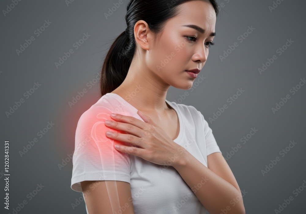 Obraz premium Woman experiencing shoulder pain with highlighted joint area