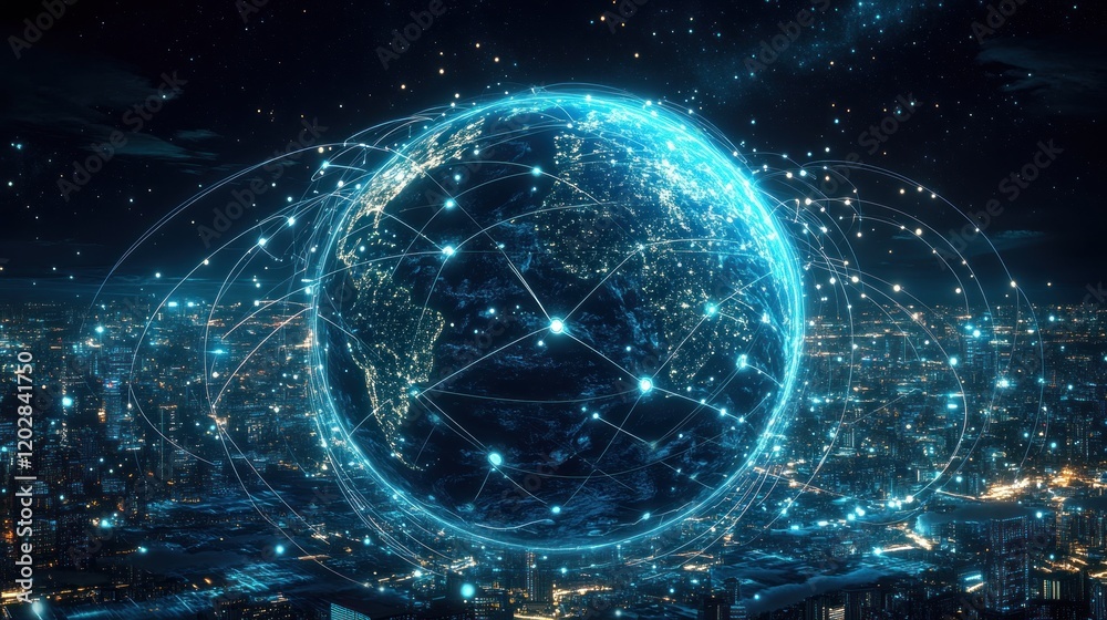 A futuristic digital globe over a city skyline, showcasing global connectivity at night A futuristic digital globe over a city skyline, showcasing global connectivity at night