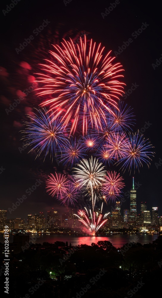 Vibrant new york city fireworks above skyline at night celebrating independence day Vibrant new york city fireworks above skyline at night celebrating independence day