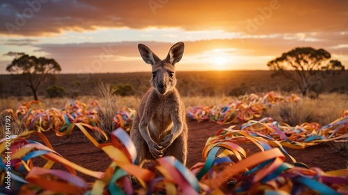 A kangaroo stands amidst colorful ribbons on a sunset-lit landscape. photo