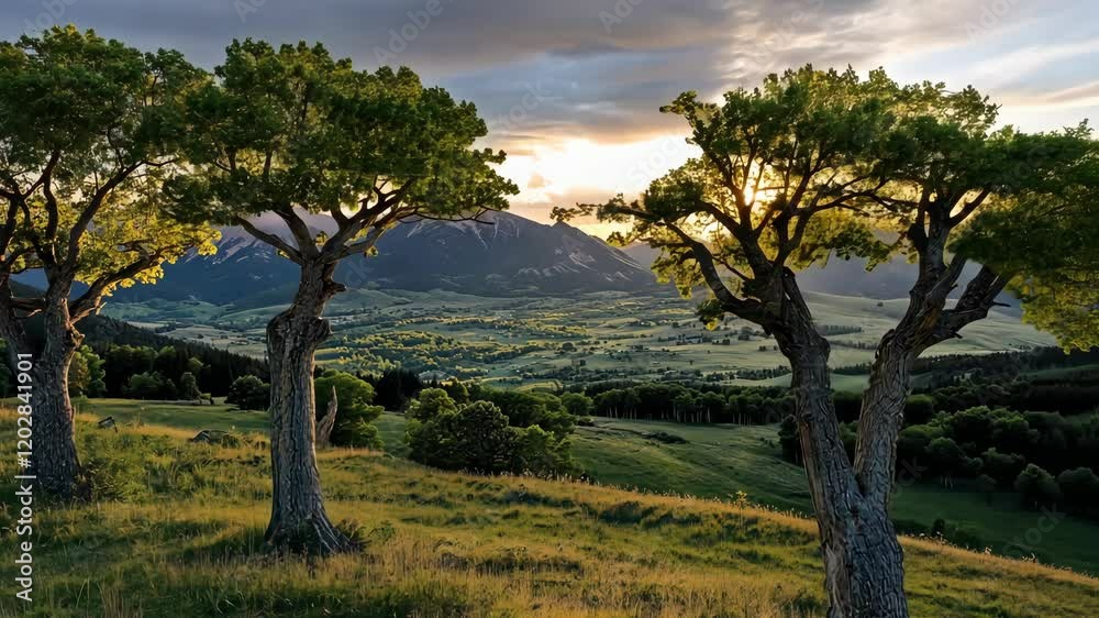 Beautiful sunset over rolling hills and trees in a serene landscape Beautiful sunset over rolling hills and trees in a serene landscape