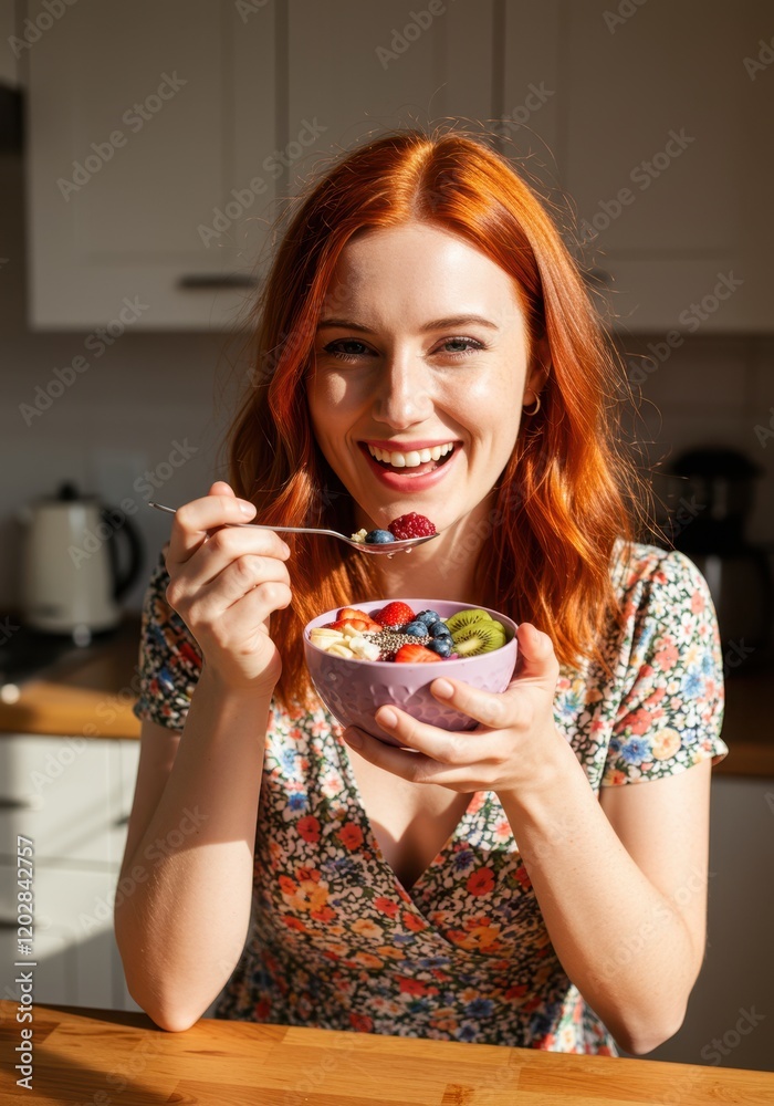 Smiling woman enjoying a healthy breakfast with fresh fruit in a sunlit kitchen Smiling woman enjoying a healthy breakfast with fresh fruit in a sunlit kitchen