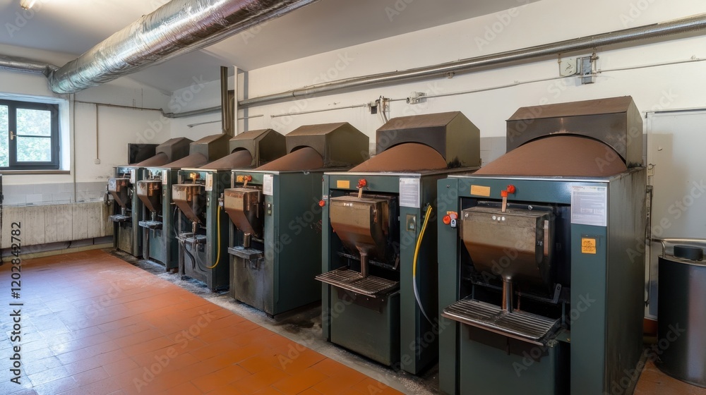 Obraz premium Large mixing machines blending ingredients for mass food production.