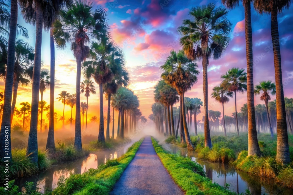Obraz premium Wakodahatchee Wetlands: Dreamlike cabbage palms frame a surreal, Florida birding fantasy.
