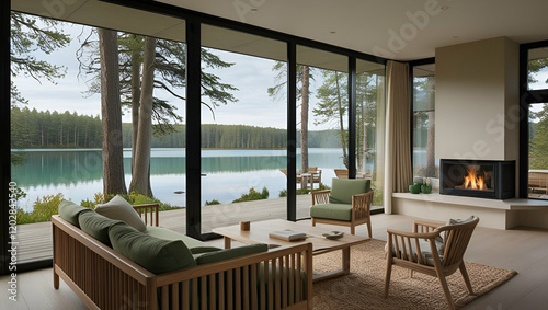 Ecolodge interior with a breathtaking view of a tranquil lake, large glass windows revealing the serene water and lush trees, modern wooden furniture with soft green and beige accents