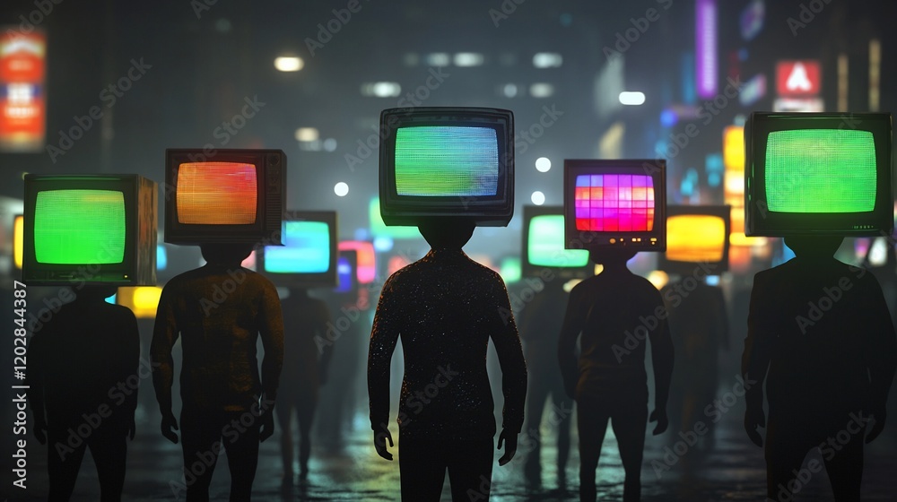 Obraz premium Crowd of figures with retro TVs as heads walking at night.
