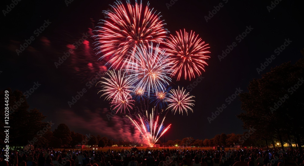 Spectacular nighttime fireworks display over park with vibrant red and blue colors Spectacular nighttime fireworks display over park with vibrant red and blue colors