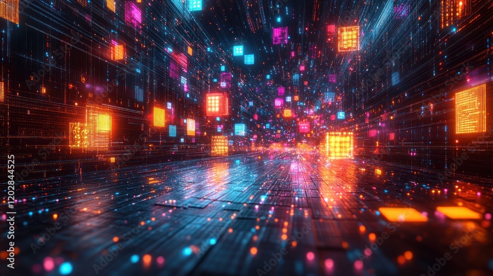 Fototapeta premium Futuristic digital landscape with vibrant glowing cubes and data streams
