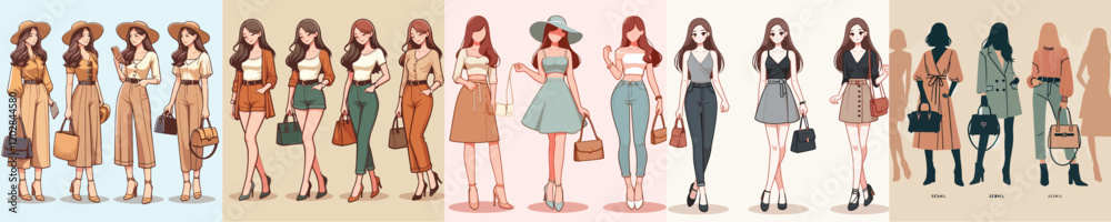 vector collection of beautiful female models wearing hats and bags vector collection of beautiful female models wearing hats and bags