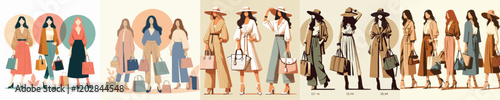 vector collection of beautiful female models wearing hats and bags