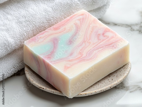 Spa soap bar on a soap dish next to a towel