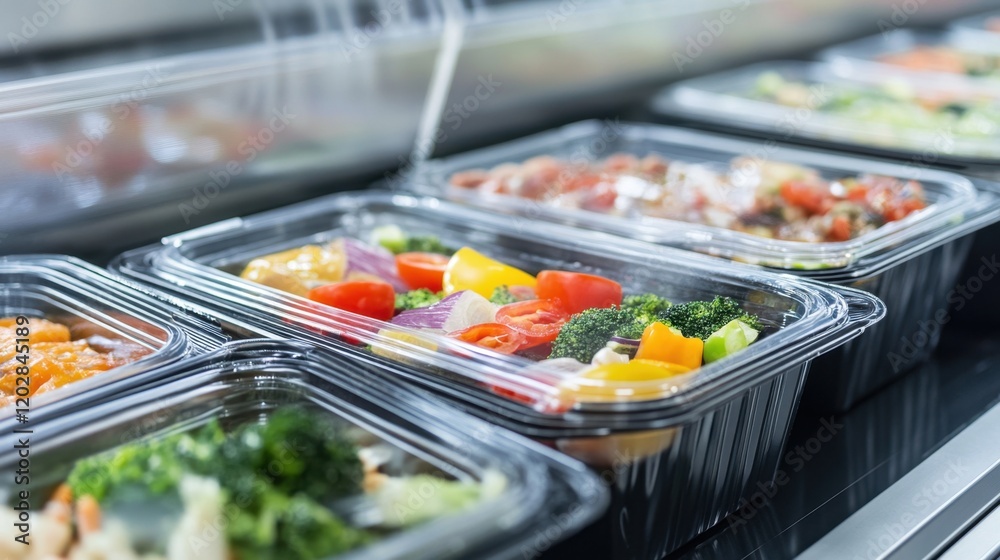 Rows of packaged food trays on conveyor belts in a frozen food plant. Rows of packaged food trays on conveyor belts in a frozen food plant.