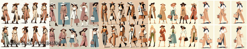 collection of vector characters of beautiful female models wearing hats and bags