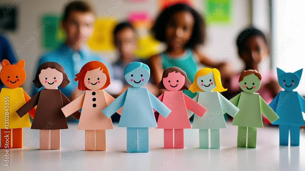 Rainbow colored human figures holding their hands on kindergarten or school background. Diversity and inclusion concept