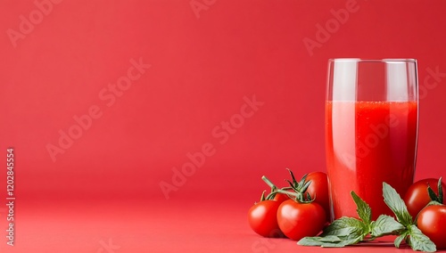 Fresh tomato juice with tomatoes and mint. Red background. Healthy drink