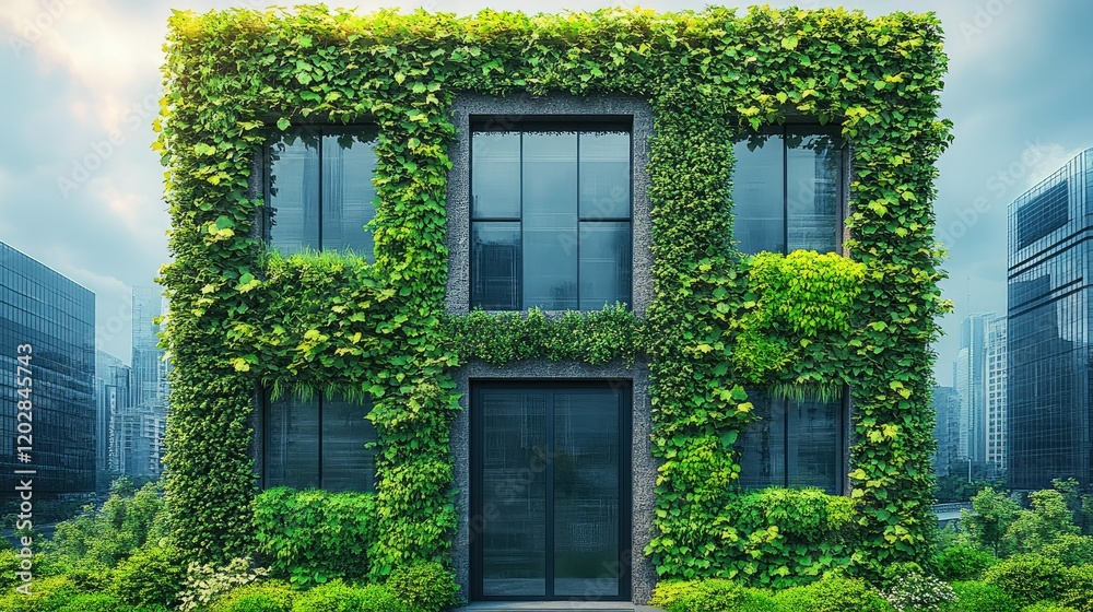 A modern building covered in lush greenery, showcasing sustainable architecture. A modern building covered in lush greenery, showcasing sustainable architecture.