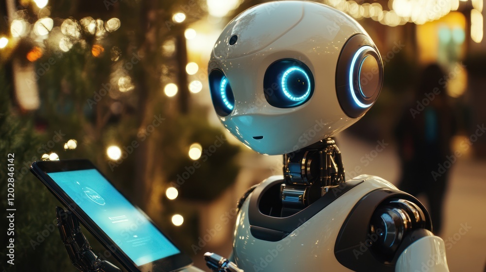 A humanoid robot holding a tablet in a festive environment. A humanoid robot holding a tablet in a festive environment.