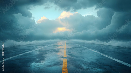 Flooded Road with Storm Clouds - 3D Illustration