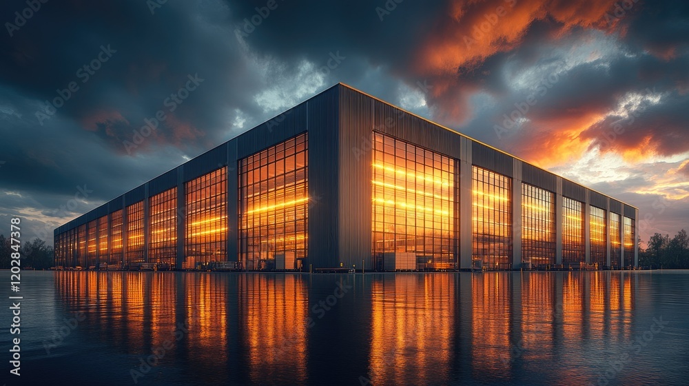 A modern industrial building reflecting a vibrant sunset over still water. A modern industrial building reflecting a vibrant sunset over still water.