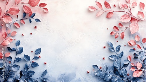3D Watercolor and pastel leaves with beads on a white background, featuring a light pink and dark blue color palette, 