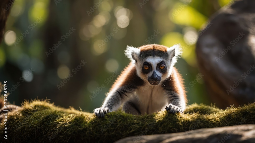 Fototapeta premium A close-up of a lemur perched on a mossy branch, surrounded by a lush, blurred background.