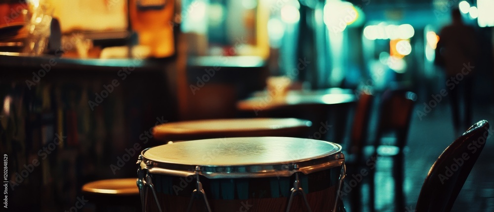 Naklejka premium A cozy bar setting with empty tables and soft focus creates an inviting ambiance, where a drum takes center stage, hinting at a musical night.