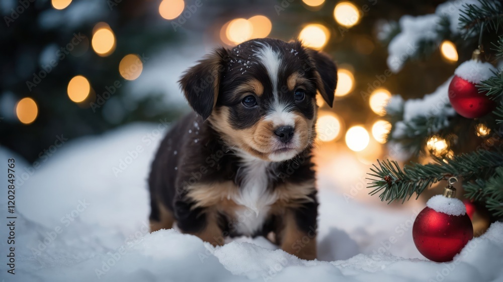 A playful puppy stands in the snow, surrounded by festive decorations and lights. A playful puppy stands in the snow, surrounded by festive decorations and lights.