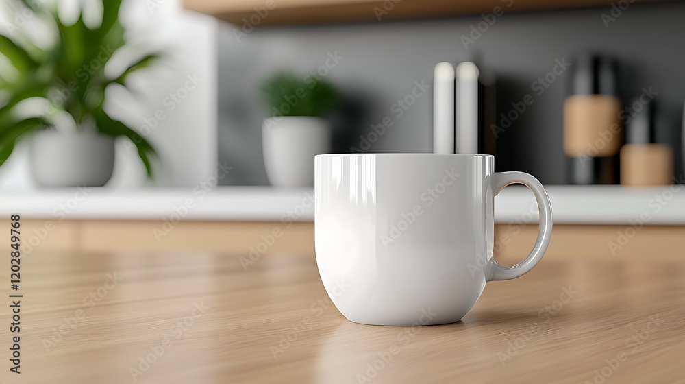 White Ceramic Mug on Wooden Table in Modern Kitchen Setting White Ceramic Mug on Wooden Table in Modern Kitchen Setting