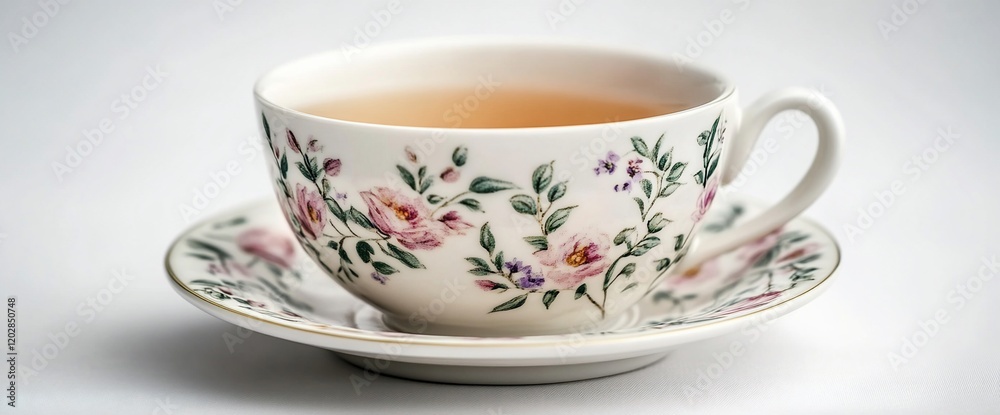 Floral teacup, hot drink, white background, calm scene, relaxation Floral teacup, hot drink, white background, calm scene, relaxation